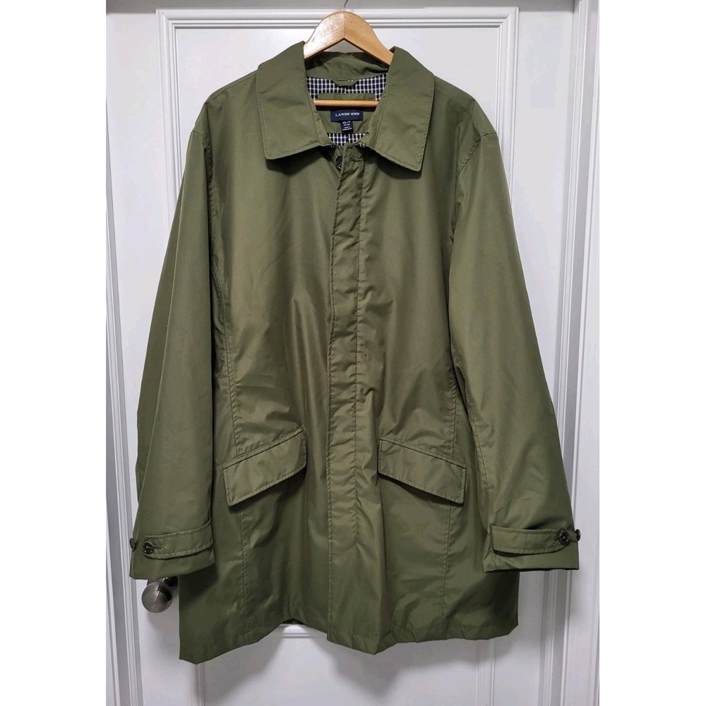 Mens Lands End Military Green Lightweight Trench Coat Sz XL